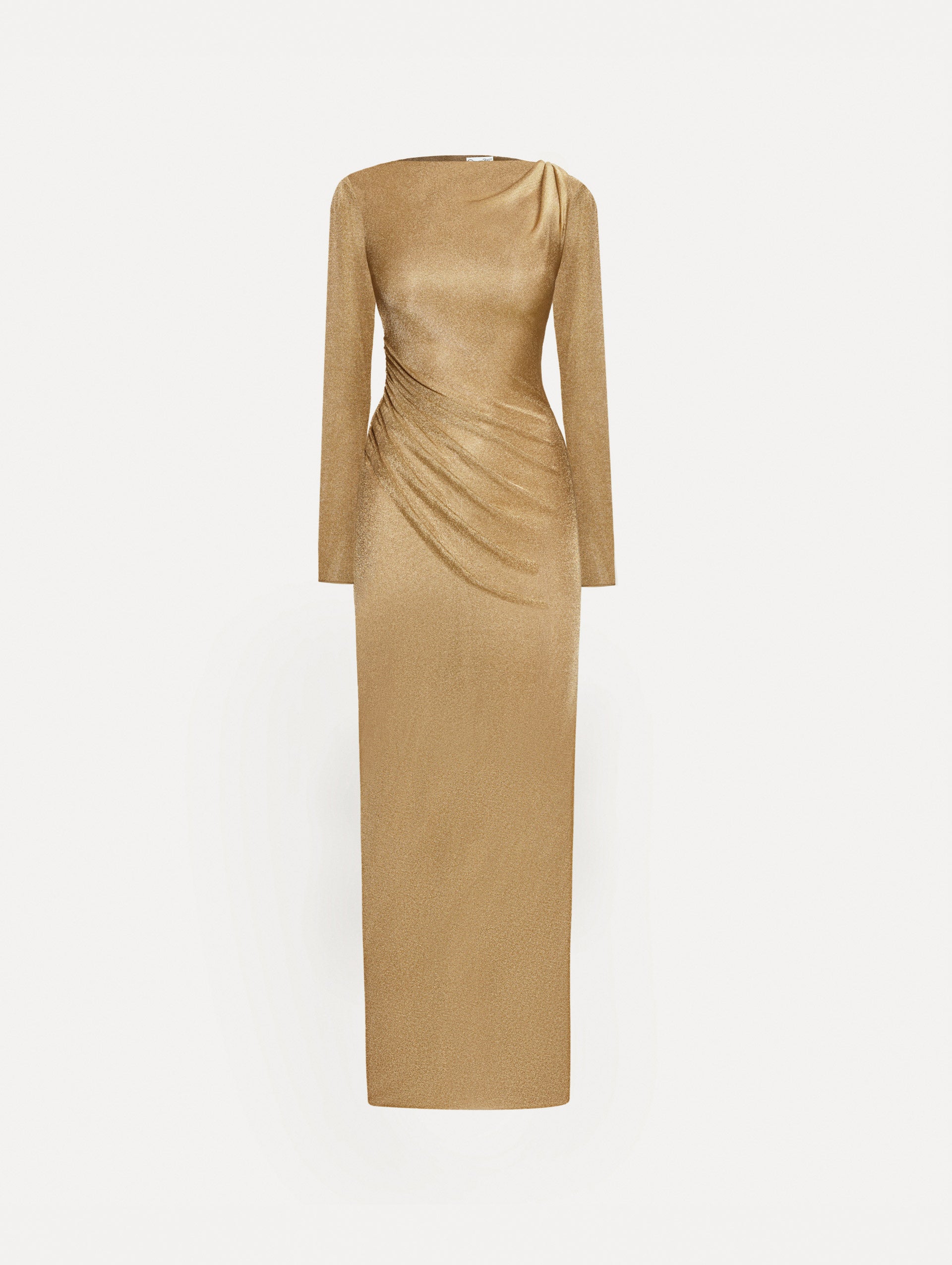 chinese dress ladies L'Agence Metallic Draped Long Sleeve Gown Gold Stretch Knit Size Extra –  Celebrity Owned