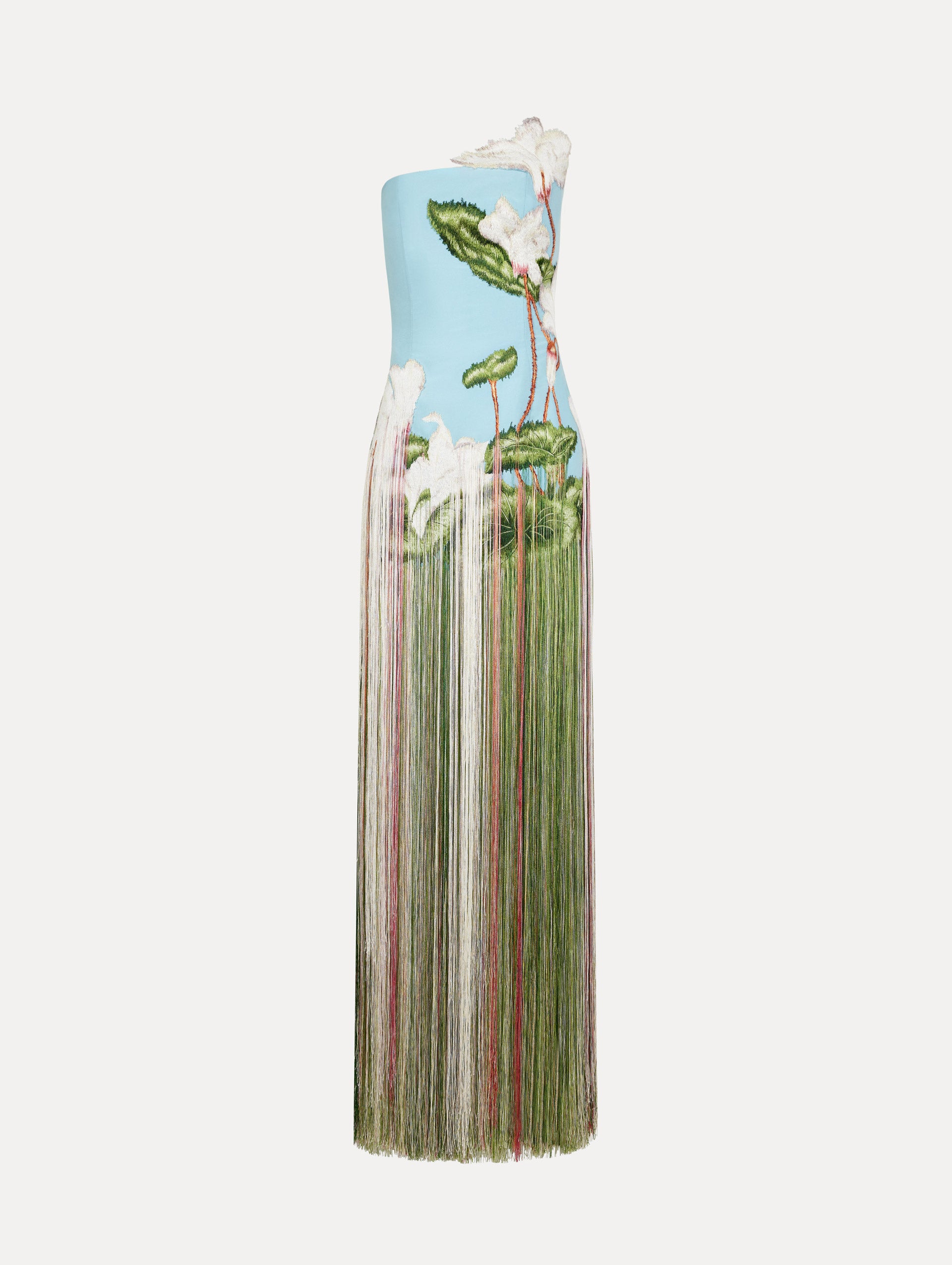 Oscar de La Renta Chin Cyclamen Threadwork Fringe Gown - Natural