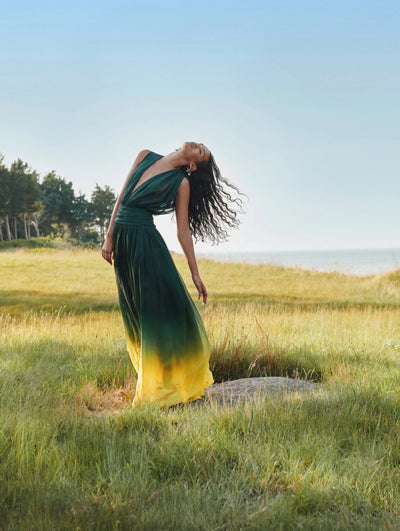 A model is posing in a field of grass wearing an Oscar de la Renta ombre gown. 