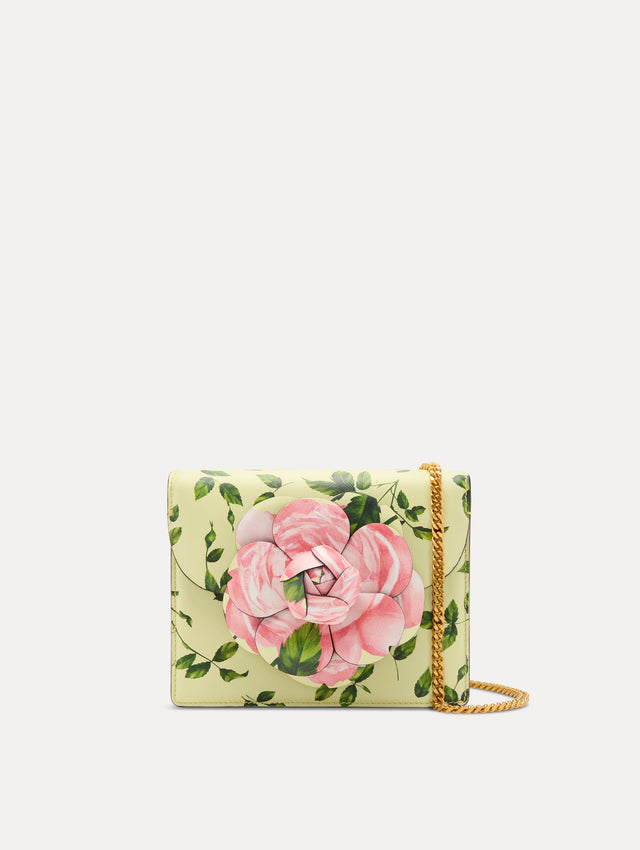 Yellow English Rose Printed Mini TRO Bag with Pink Rose and Detachable Shoulder Strap. Front View