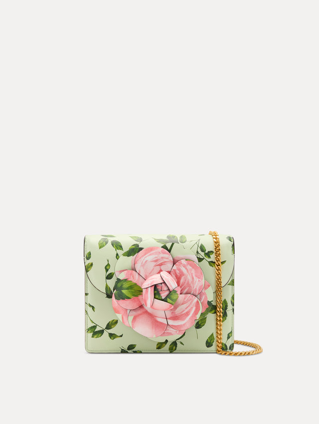Mint English Rose Printed Mini TRO Bag with Pink Rose in the Center and Detachable Shoulder Strap Front View