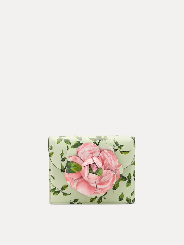 Mint English Rose Printed Mini TRO Bag with Pink Rose in the Center Front View