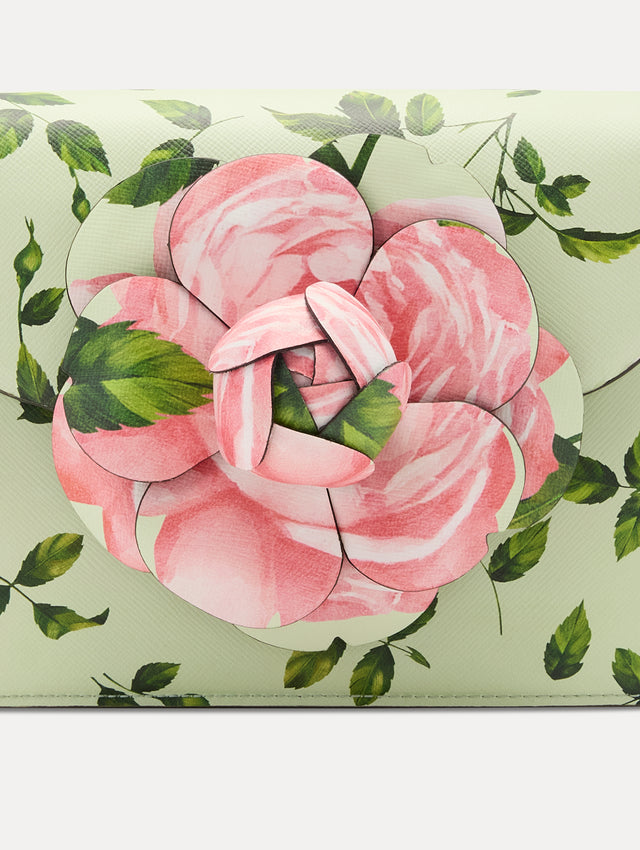 Mint English Rose Printed Mini TRO Bag with Pink Rose in the Center Zoom View