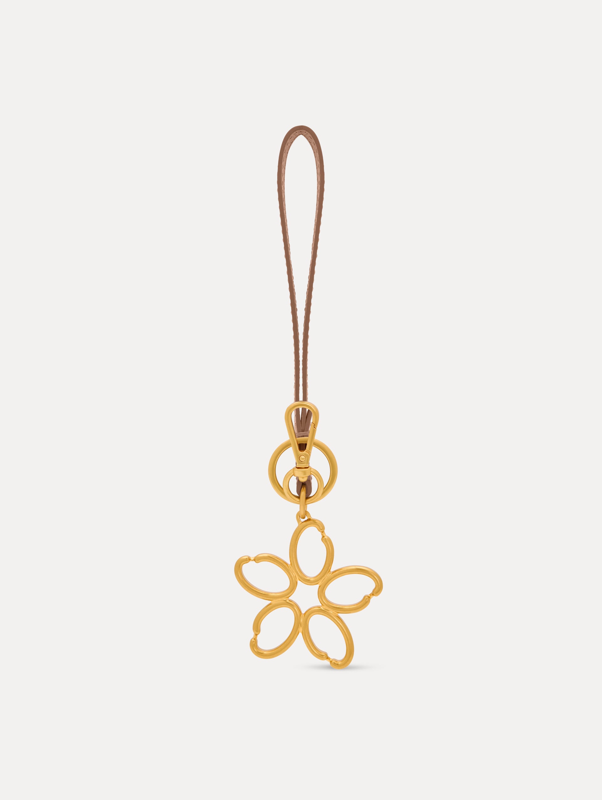 Gold O Flower Wristlet Key Chain with five open petals hangs from a sand leather loop strap, attached by a small gold ring and clasp. Back View.