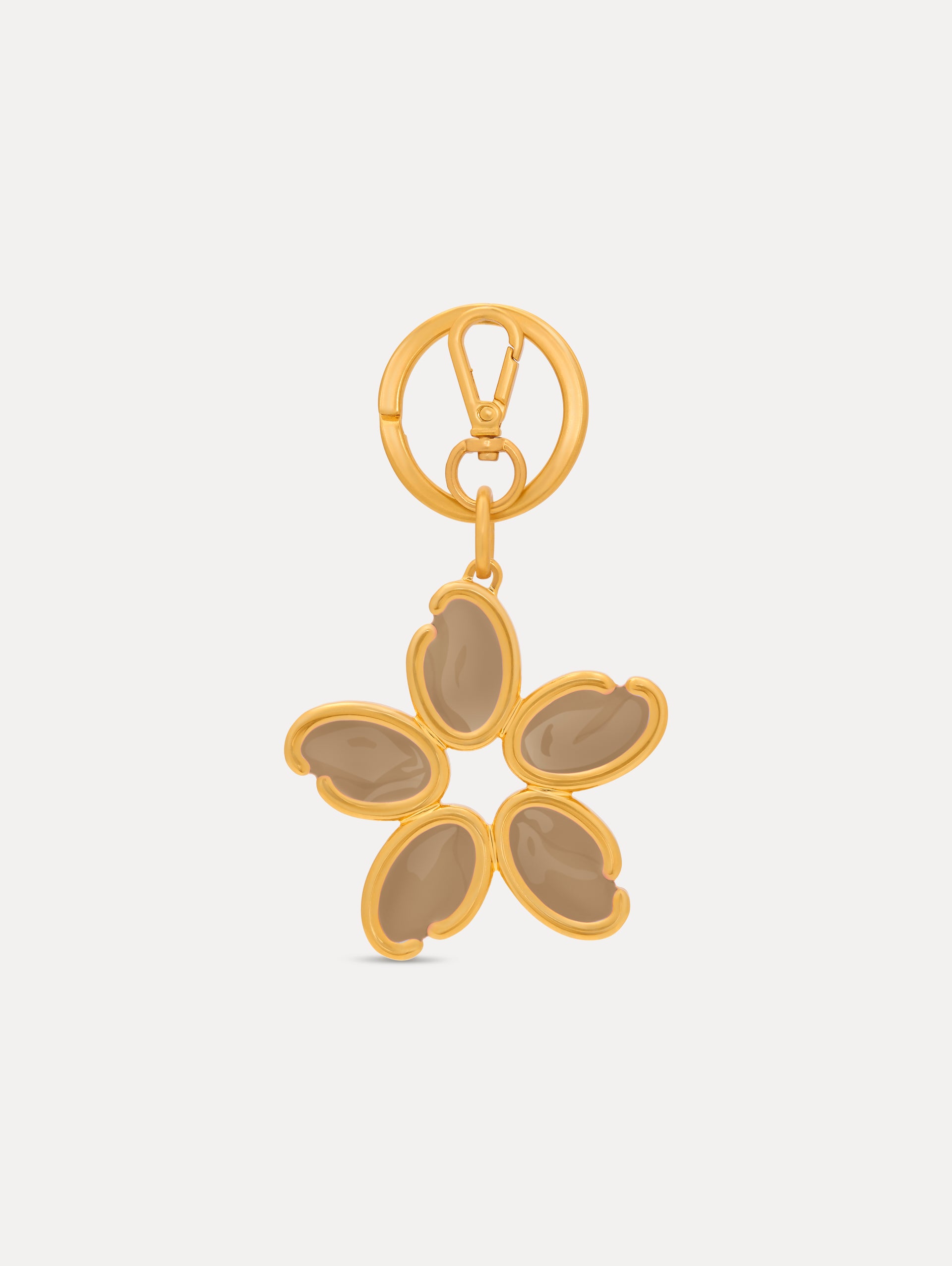 Gold Enamel O Flower Key Chain featuring a five-petal flower charm with smooth, taupe-colored inlays framed by rounded gold edges, attached to a circular clasp. Front View.