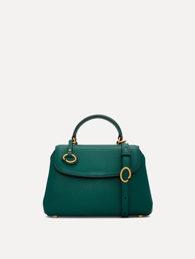  The Mini Poppy Leather Handbag in Green with O logo Tag around the Top Handle, and Detachable Shoulder Strap. Front View