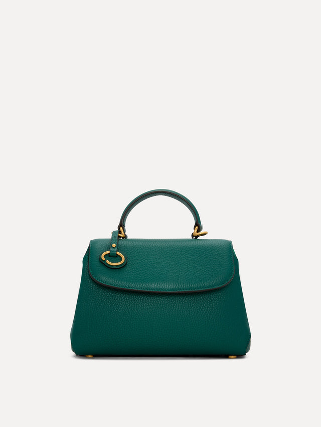 The Mini Poppy Leather Handbag in Green with O logo Tag around the Top Handle, and Detachable Shoulder Strap. Front View