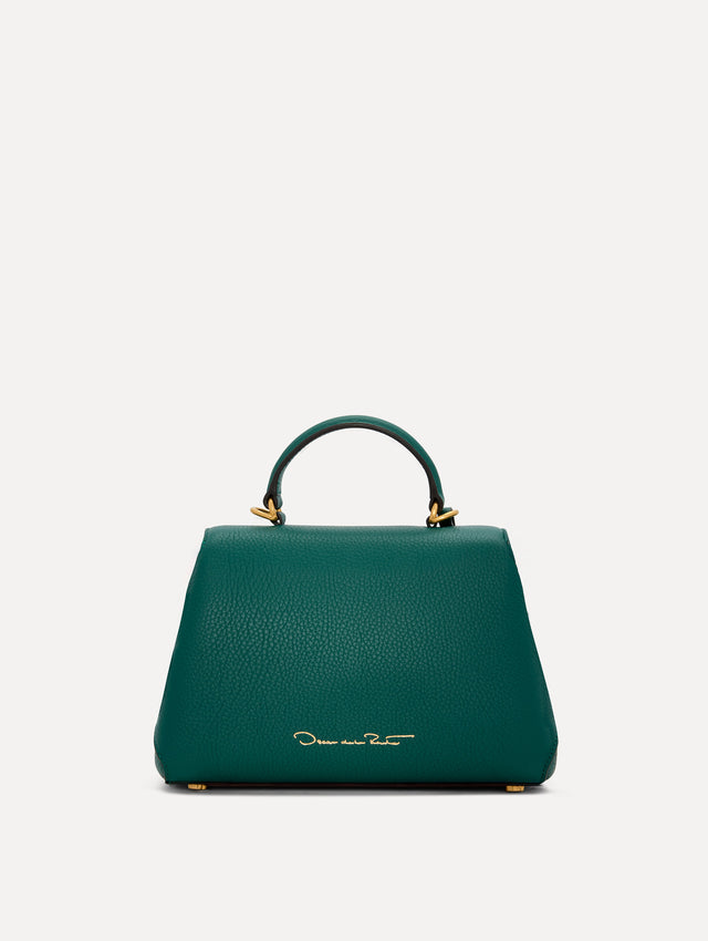 The Mini Poppy Leather Handbag in Green with O logo Tag around the Top Handle, and Detachable Shoulder Strap. Back View