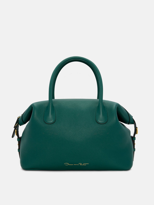 The Dahlia Handbag in Juniper Green with Top Handle. Adorned with Oscar de la Renta's signature Logo at the Bottom Center of the Bag. Front View 