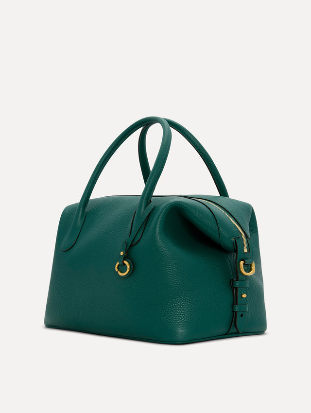 The Dahlia Handbag in Juniper Green with Top Handle. Adorned with Oscar de la Renta's signature O at the ornamental bag tag. Side View 