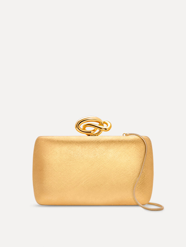 The Knot Minaudière in Gold. Front View.
