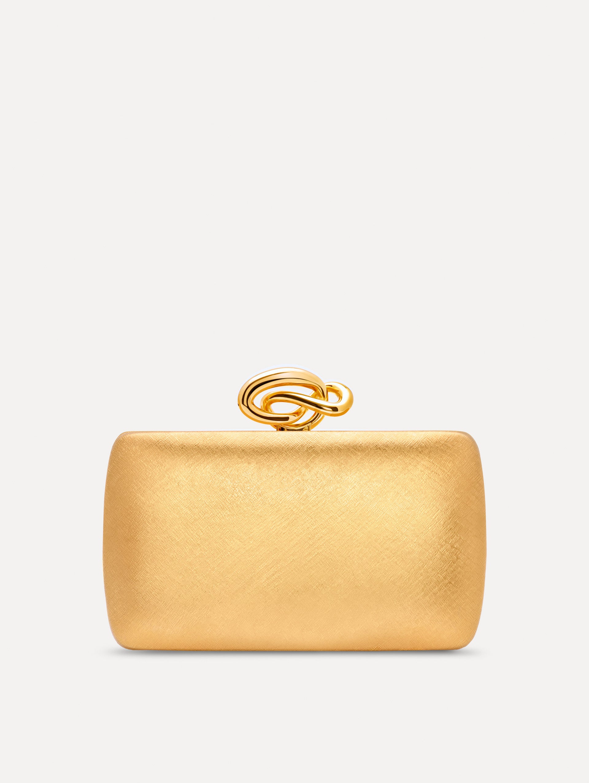 The Knot Minaudière in Gold. Front View.