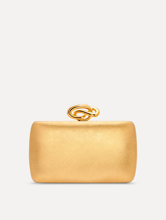 The Knot Minaudière in Gold. Front View.