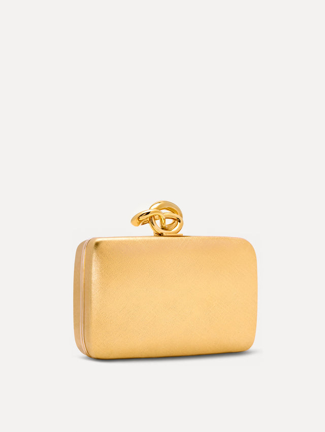 The Knot Minaudière in Gold. Side View.