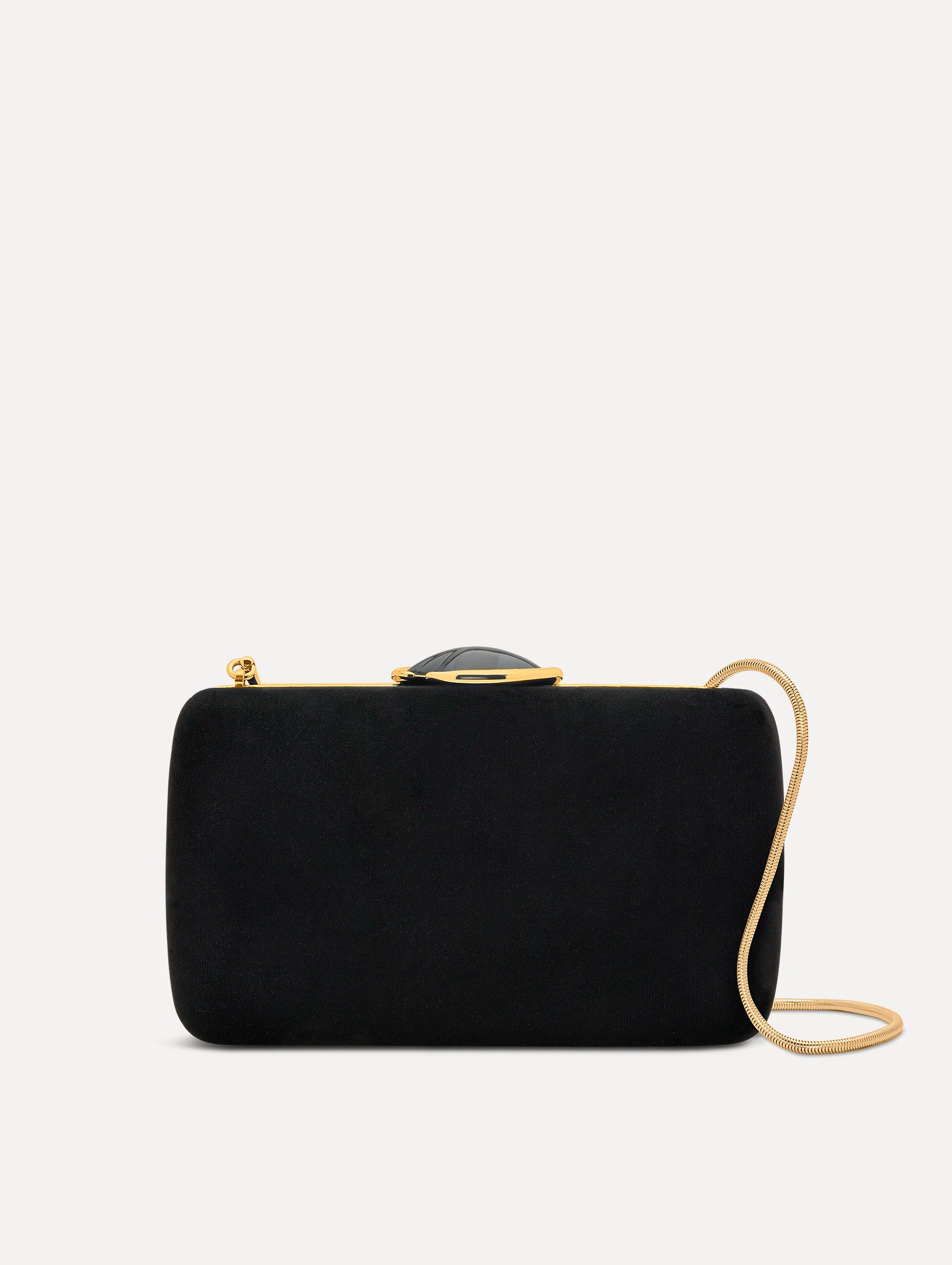 Velvet O Minaudière in Black. Front View.