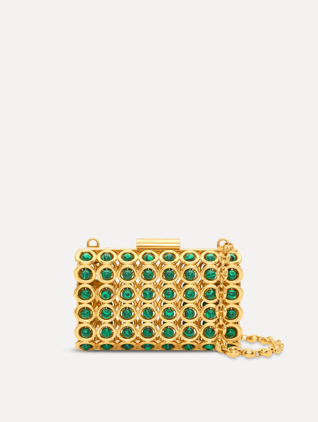 The Mini Saturn Minaudière in brass and gold. Front view.