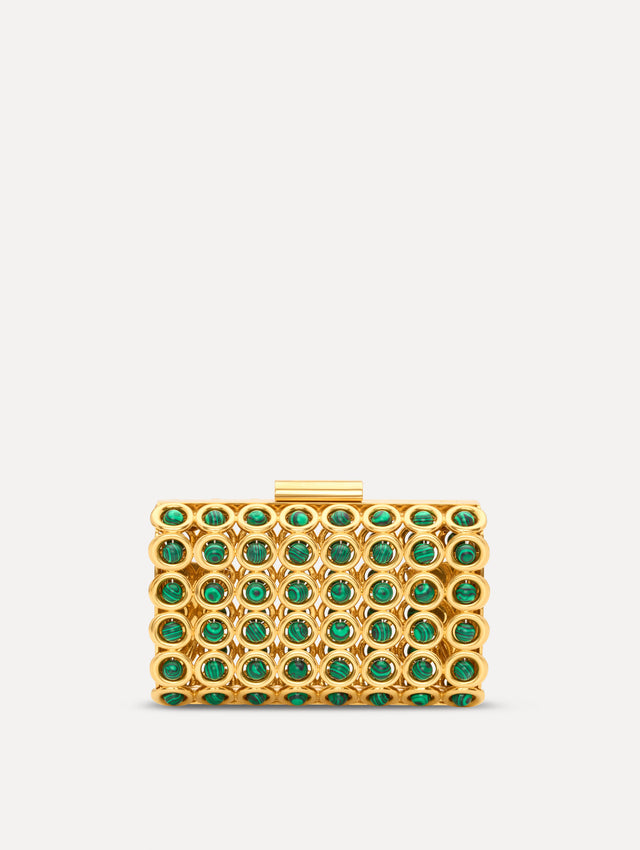 The Mini Saturn Minaudière in brass and gold. Front view.