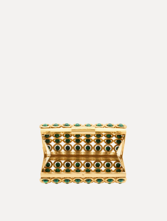 The Mini Saturn Minaudière in brass and gold. Front view. Open view.