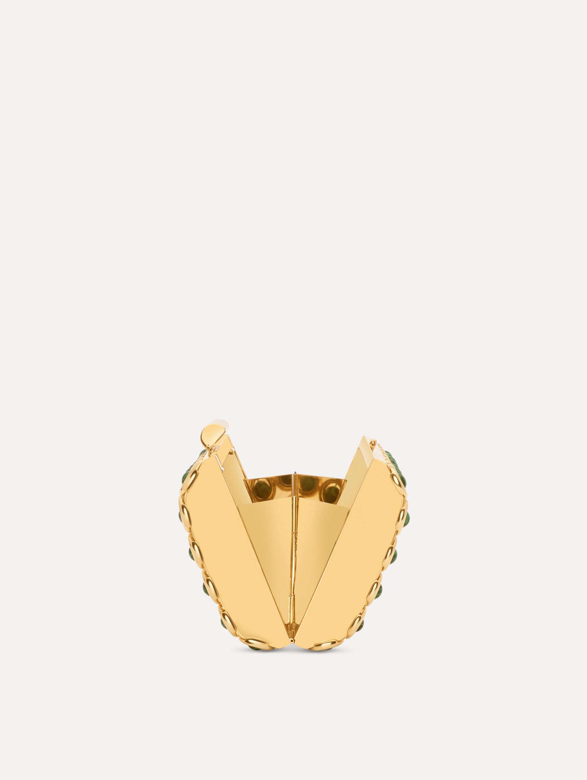 The Mini Saturn Minaudière in brass and gold. Side open view.