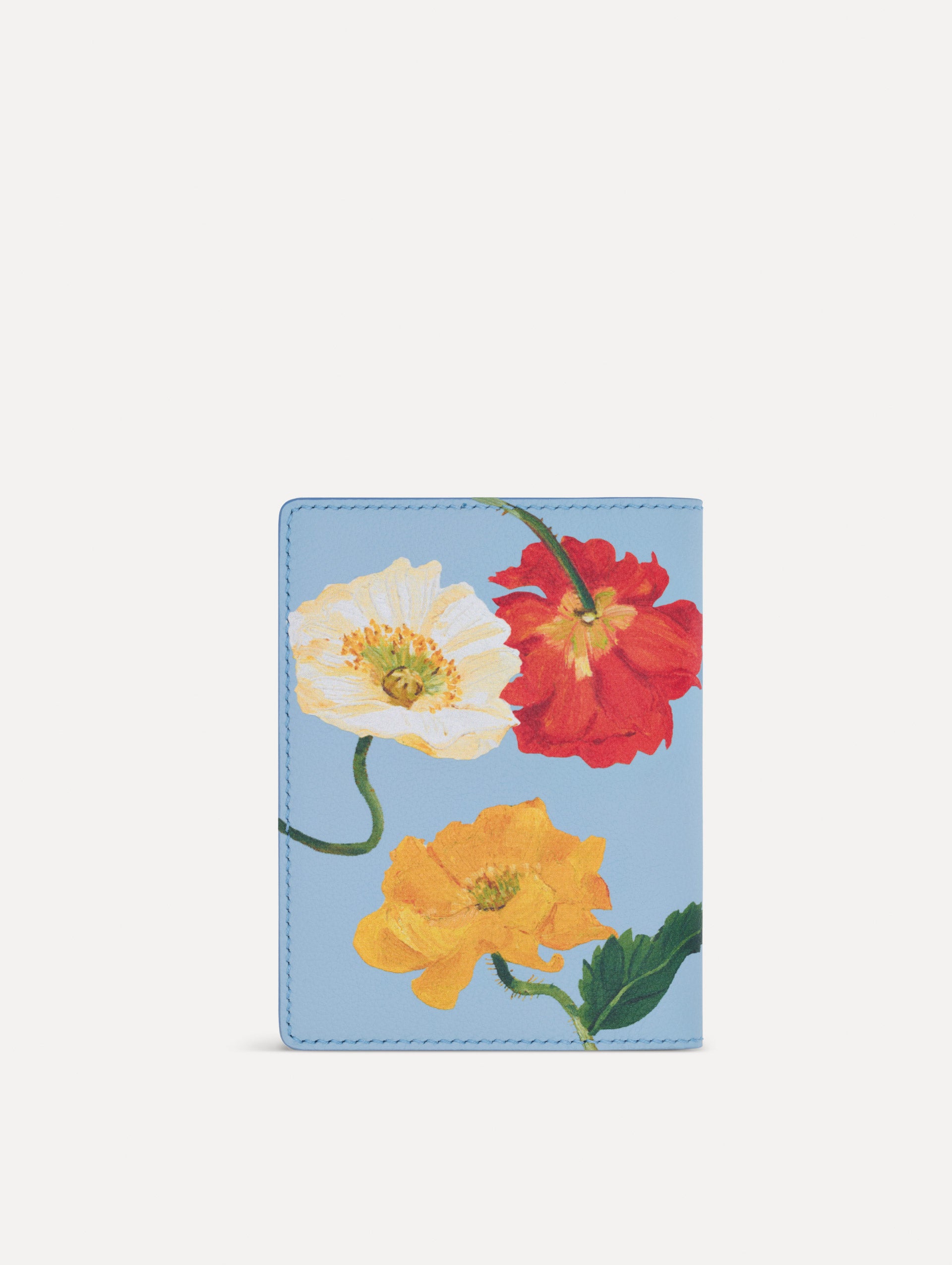 Blue Poppy-Printed Passport Cover with pink and red poppy floral motifs. Back view.