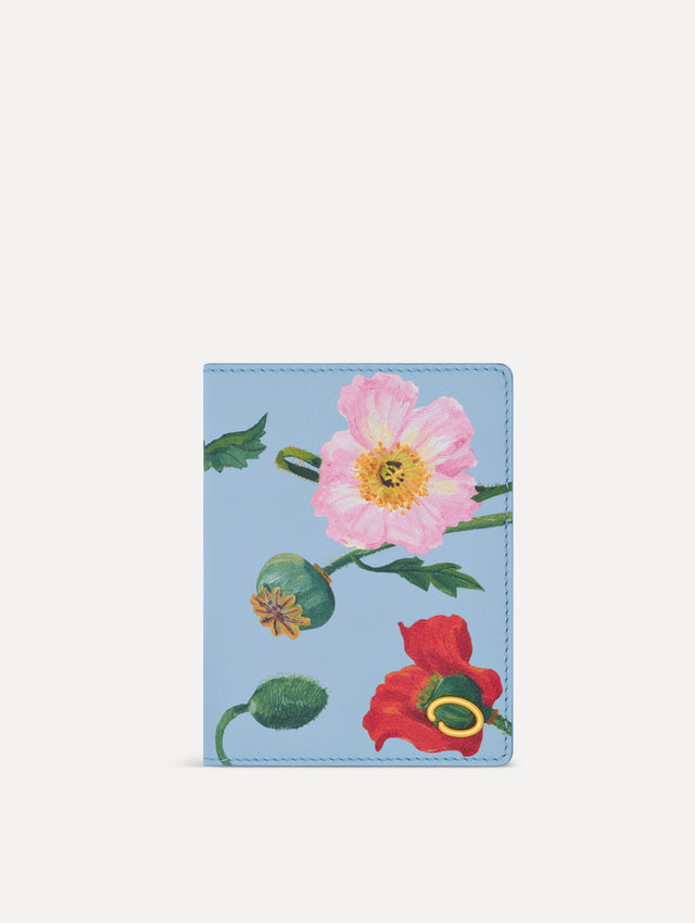 Blue Poppy-Printed Passport Cover with pink and red poppy floral motifs. Front view.