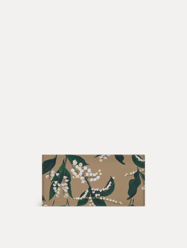 Beige Lily of the Valley-Printed Continental Wallet with green and white floral motifs and a gold O motif Clasp. Back View.