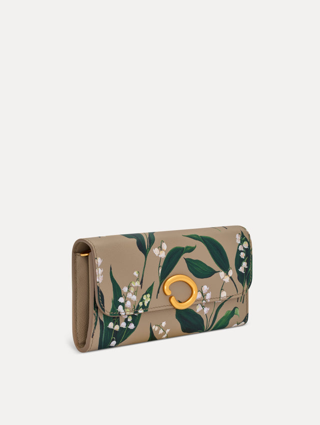 Beige Lily of the Valley-Printed Continental Wallet with green and white floral motifs and a gold O motif Clasp. Side View.