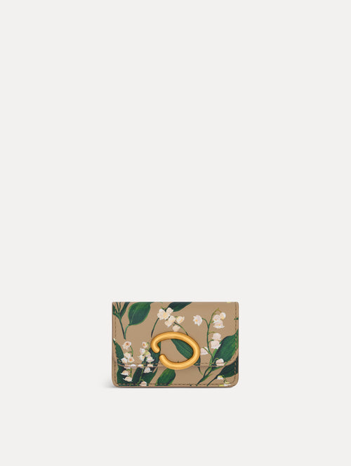 Beige Lily of the Valley–Printed Card Case with green and white floral motifs and a gold O motif clasp. Front View.