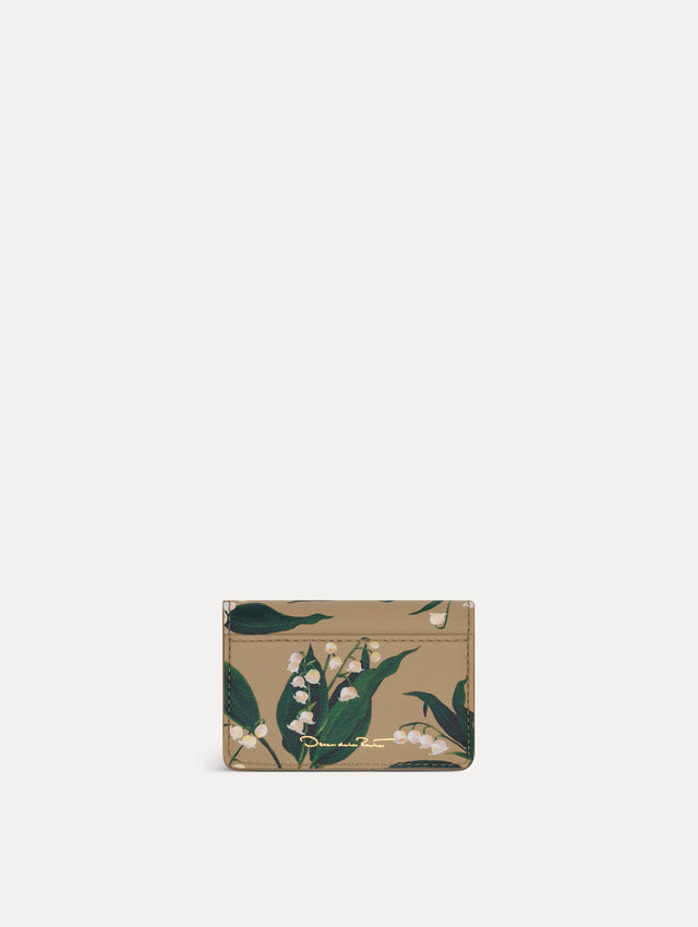 Beige Lily of the Valley–Printed Card Case with green and white floral motifs and a gold O motif clasp. Back View.