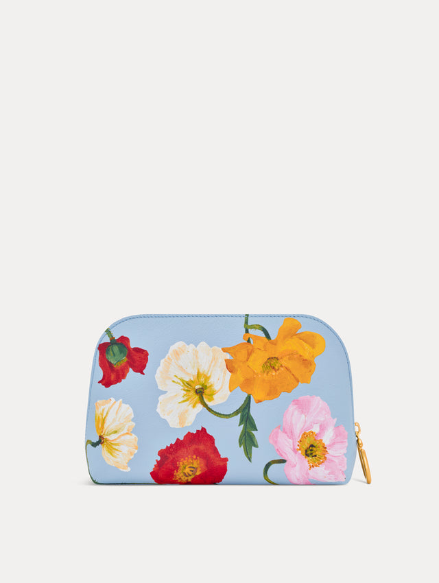 Blue Poppy Printed Medium Cosmetics Case with gold hardware and pink, yellow, white, and red Poppy print. Back View.