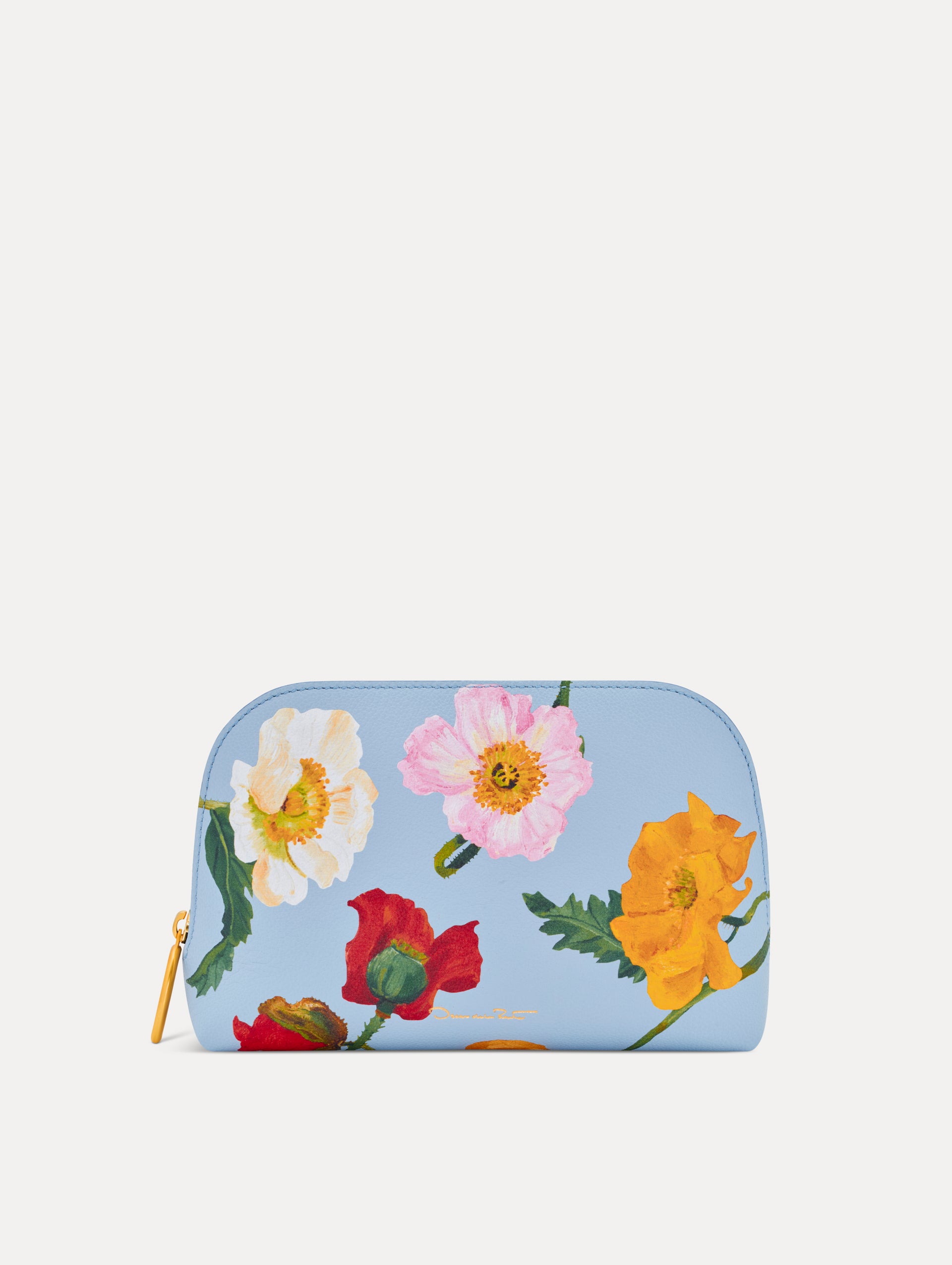 Blue Poppy Printed Medium Cosmetics Case with gold hardware and pink, yellow, white, and red Poppy print. Front View.