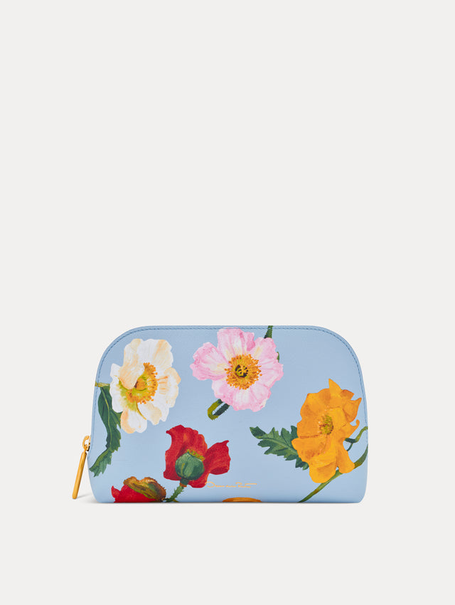 Blue Poppy Printed Medium Cosmetics Case with gold hardware and pink, yellow, white, and red Poppy print. Front View.