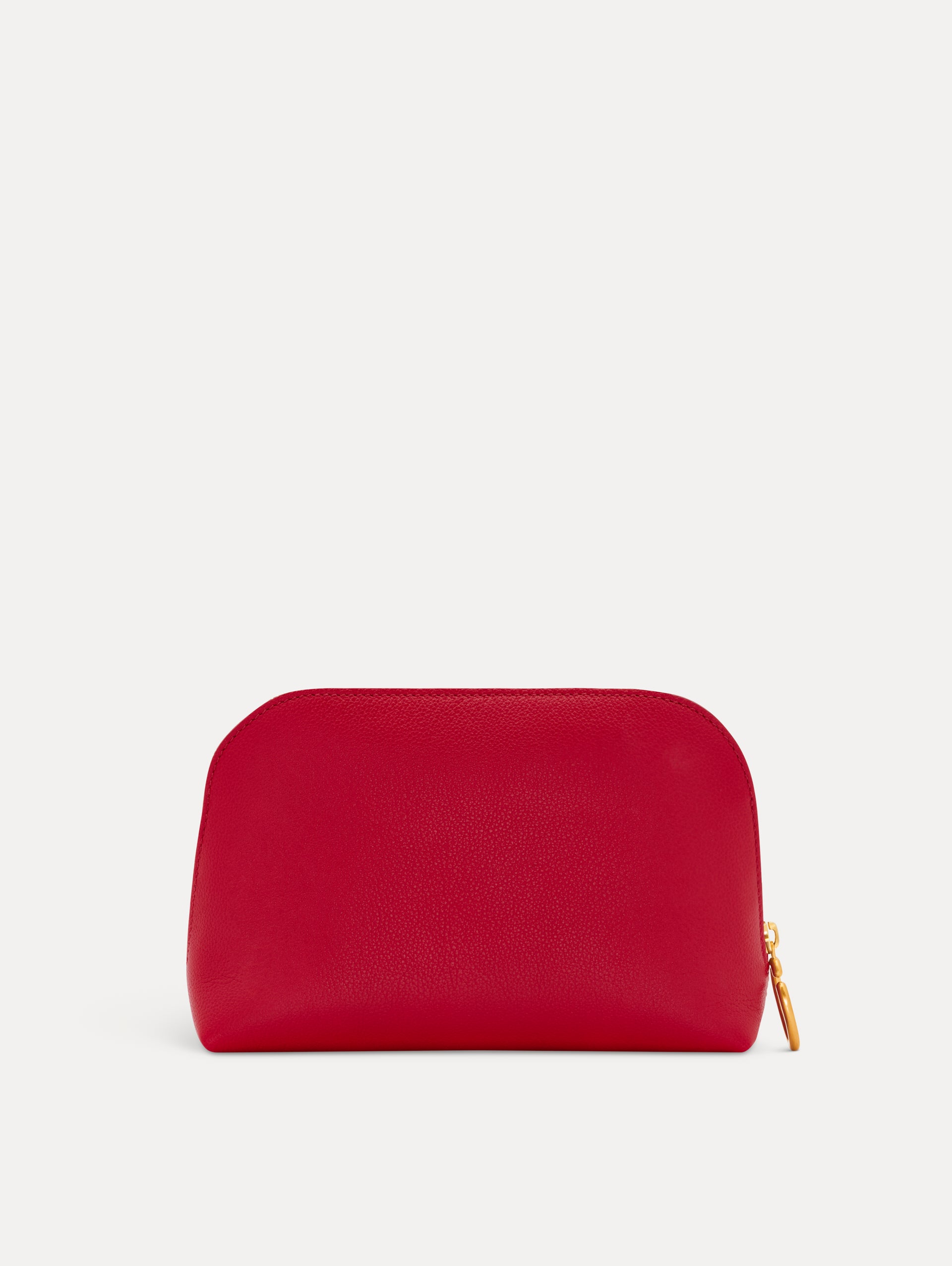 Red Medium Cosmetics case with Gold Hardware featuring an O motif zipper. Front View.