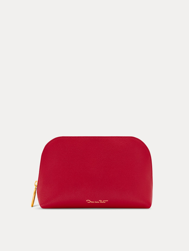 Red Medium Cosmetics case with Gold Hardware featuring an O motif zipper. Back View.