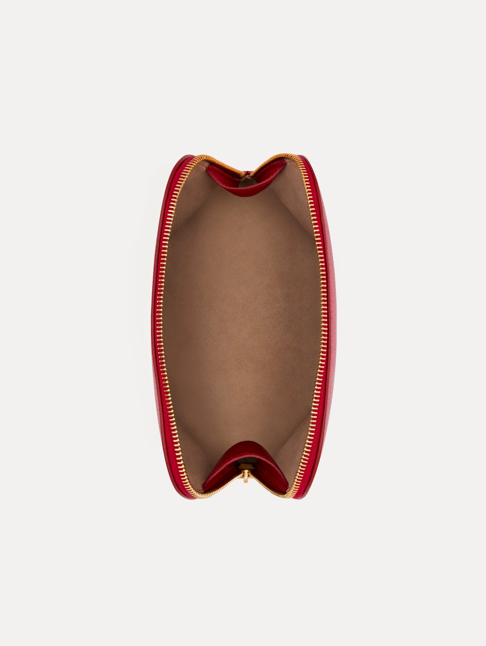 Red Medium Cosmetics case with Gold Hardware featuring an O motif zipper. Top View.