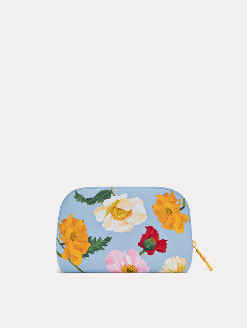 Blue Poppy Printed Small Cosmetics Case with gold hardware and pink, yellow, white, and red Poppy print. Front View.