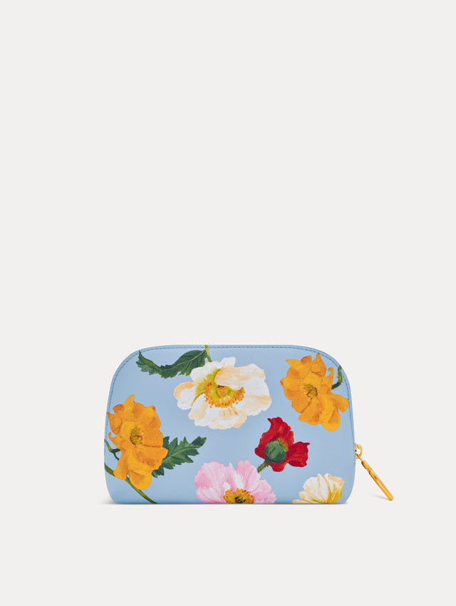 Blue Poppy Printed Small Cosmetics Case with gold hardware and pink, yellow, white, and red Poppy print. Front View.