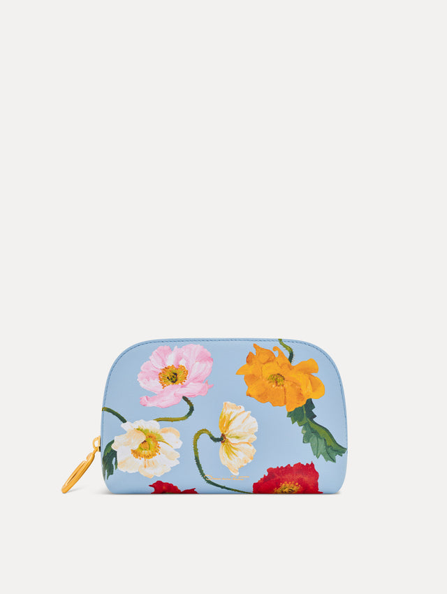 Blue Poppy Printed Small Cosmetics Case with gold hardware and pink, yellow, white, and red Poppy print. Front View.