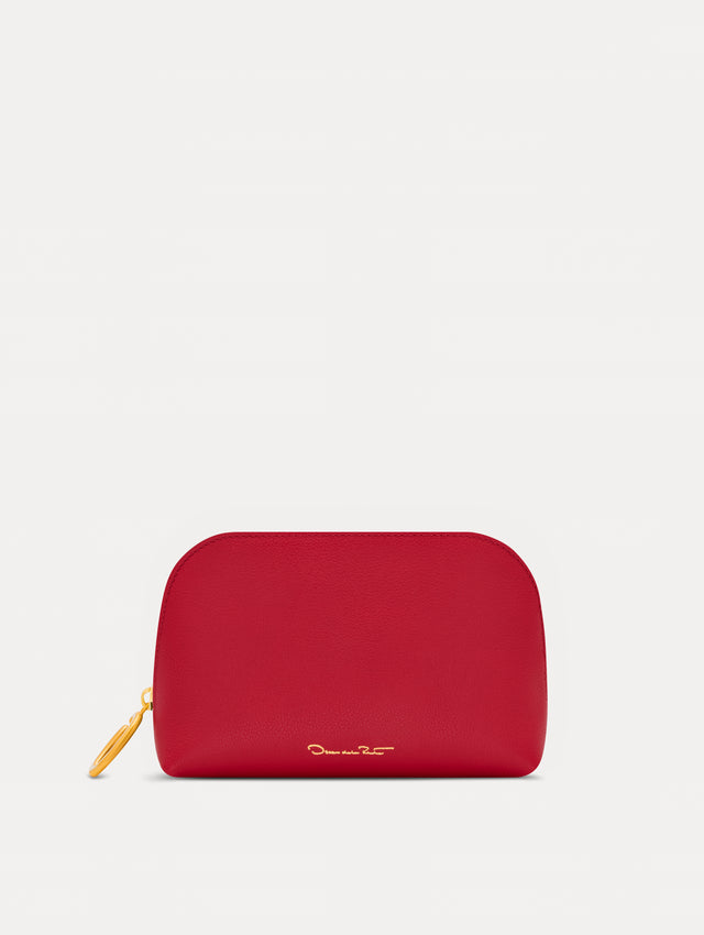 Red Small Cosmetics case in leather with gold hardware featuring an O motif zipper. Front View.