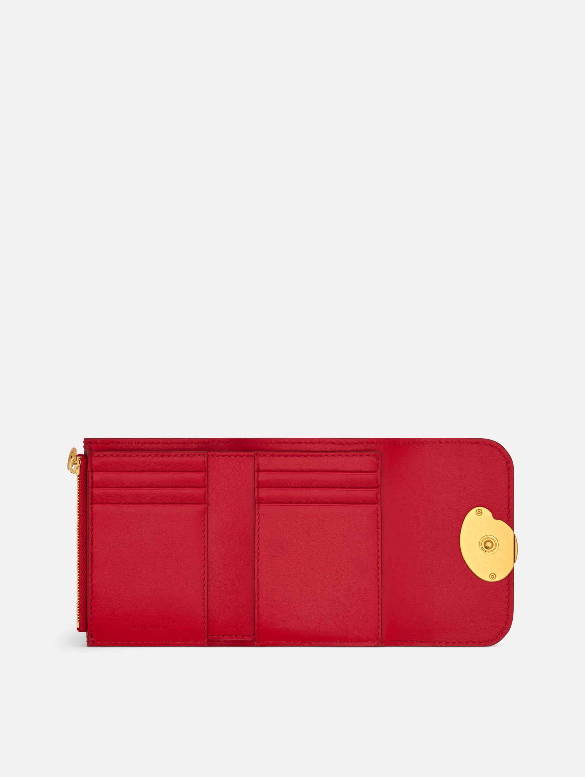 Red Tri-Fold Wallet featuring a gold O motif clasp. Open View.