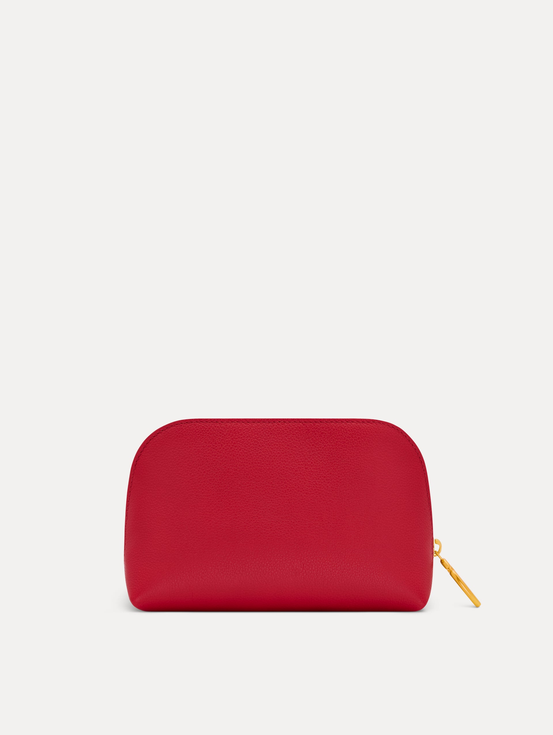 Red Small Cosmetics case in leather with gold hardware featuring an O motif zipper. Back View.