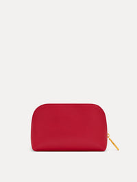 Red Small Cosmetics case in leather with gold hardware featuring an O motif zipper. Back View.