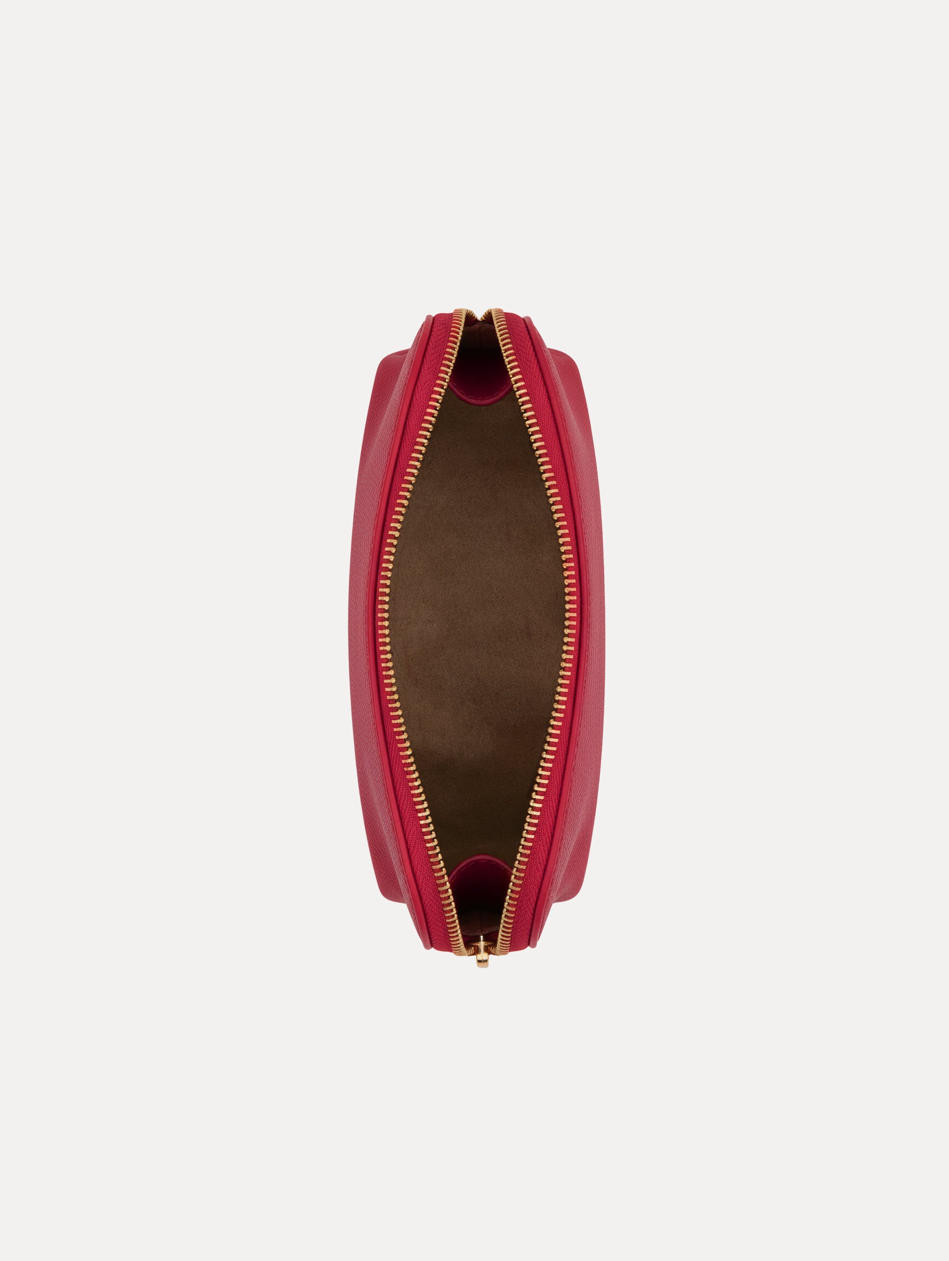 Red Small Cosmetics case in leather with gold hardware featuring an O motif zipper. Open View.