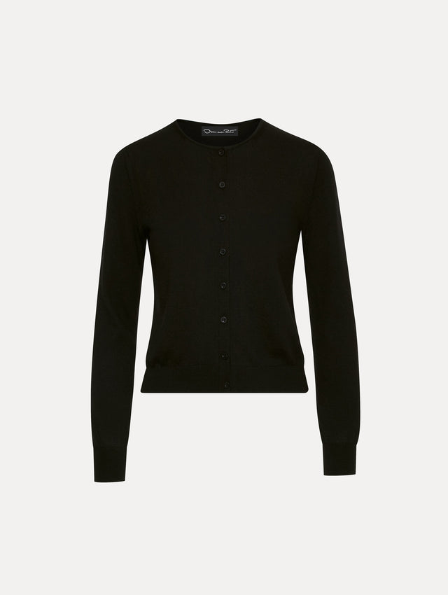 Wool-Blend Black Button-Down Cardigan Front View