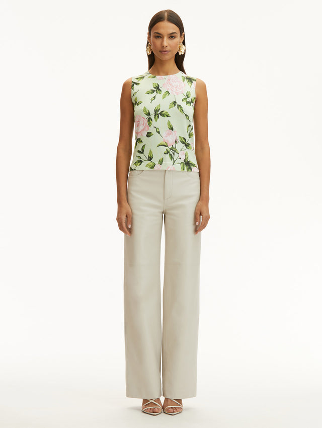 Pink English Rose and Pale Mint Background Printed Tank, Styled with White Jeans. Front View