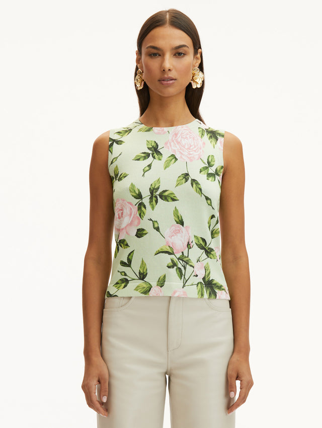 Pink English Rose and Pale Mint Background Printed Tank, Styled with White Jeans. Front View