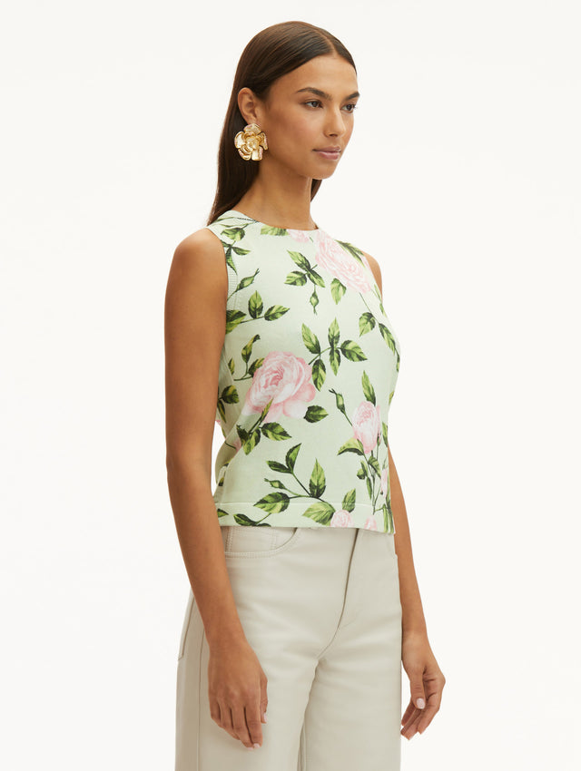 Pink English Rose and Pale Mint Background Printed Tank, Styled with White Jeans. Side View