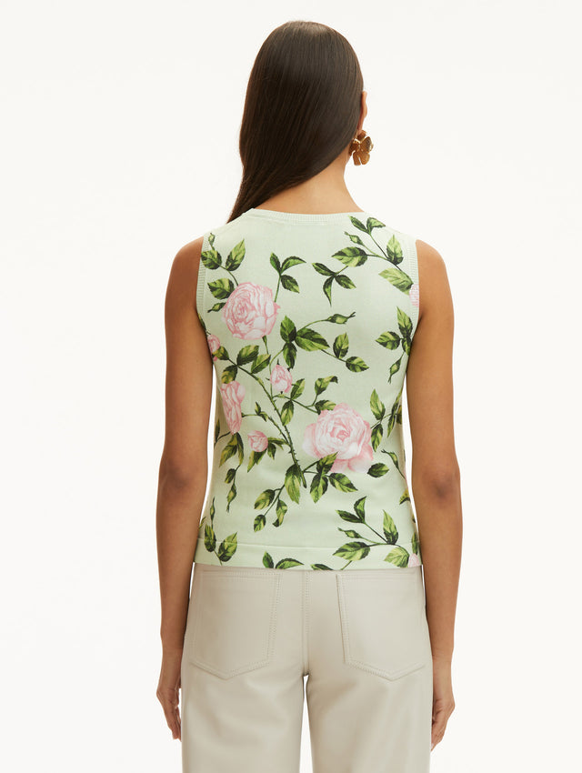 Pink English Rose and Pale Mint Background Printed Tank, Styled with White Jeans. Back View