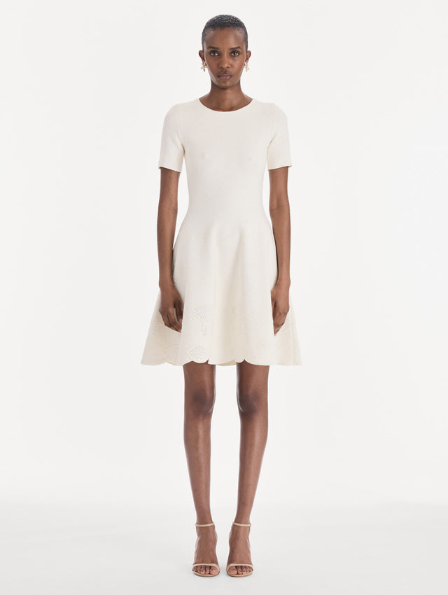 The model is wearing a fit and flare knit jacquard dress. Front view.