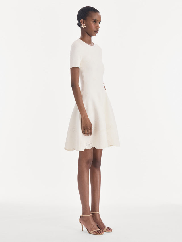 The model is wearing a fit and flare knit jacquard dress. Side view.